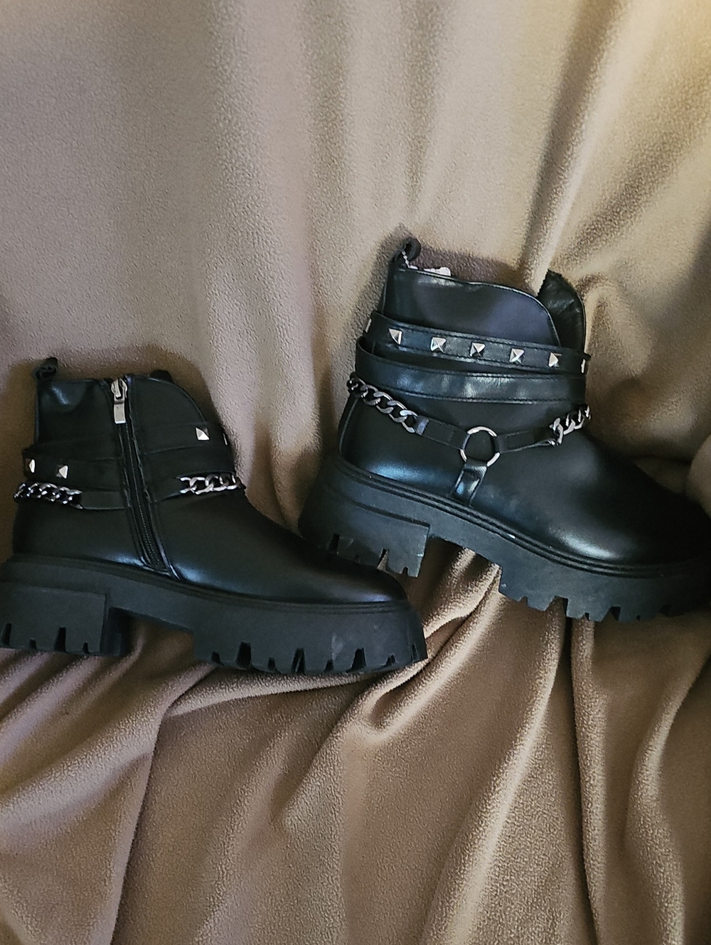Olivia Miller Black Stud & Chain Chunky Ankle Boots